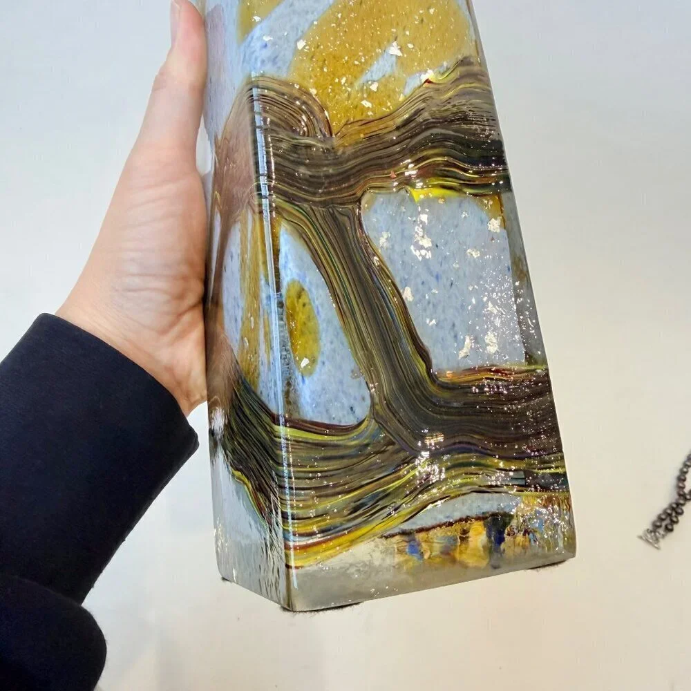 Vintage Handmade Artisan Abstract details Square Glass Vase